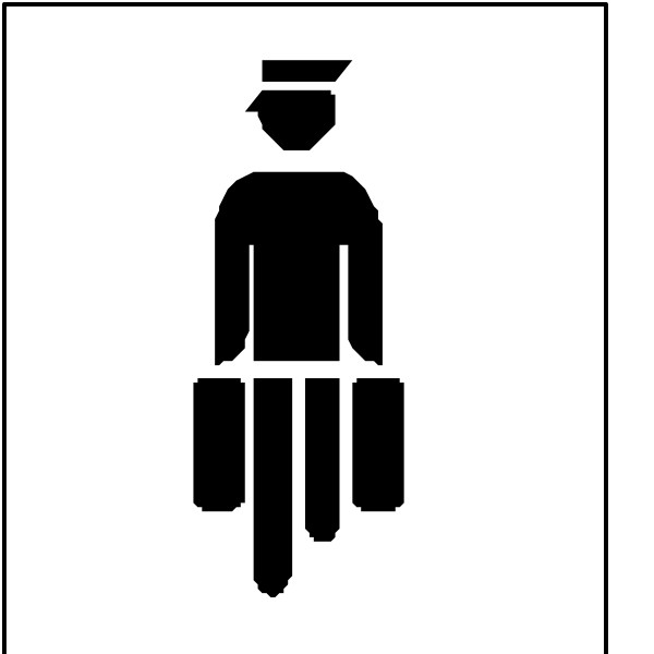 The black and white icon shows a person standing next to an elevator door with their luggage on wheels behind them; above this figure is another symbol of someone in uniform holding what appears to be papers or documents.