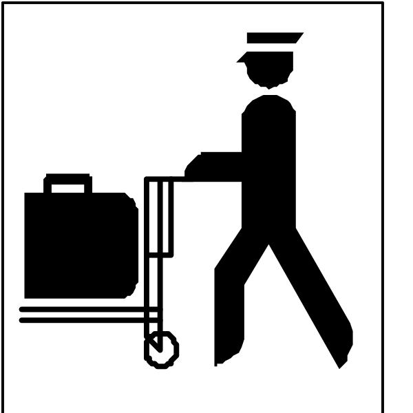 The image shows a black and white icon of an airport worker pushing luggage on a cart while carrying suitcases with wheels attached to them.