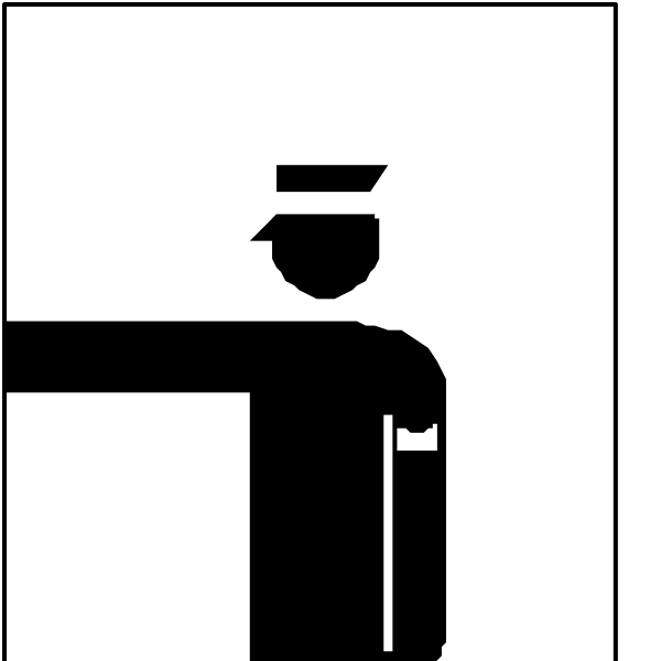 The black and white icon depicts a person standing at an open door of what appears to be a building entrance with their hand extended outward as if gesturing for someone else's attention.
