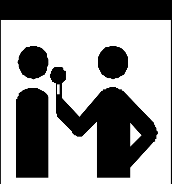 The black and white icon shows a person holding an apple near another individual who is pointing at it with their finger extended outward as if to indicate something about the fruit being held up by the first figure.