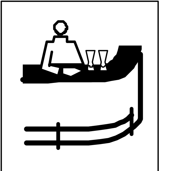 The black and white icon depicts a person sitting at an oval table with two cups on it inside what appears to be a boat-shaped structure; above this scene is another image of a man standing behind a counter, also in silhouette form within a similar shape as before but without the watermark.