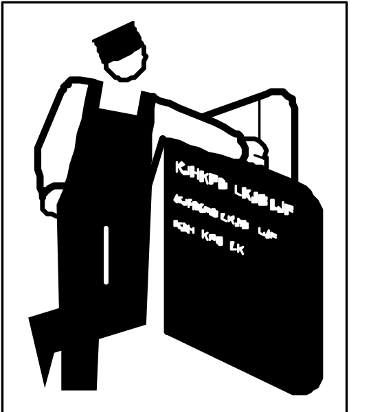 The black and white silhouette of a person standing next to an open signboard with text on it.