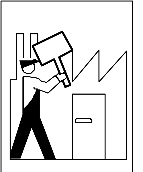 The black and white illustration shows a person holding an axe over their shoulder while standing next to what appears to be a building with factory-like structures in the background.