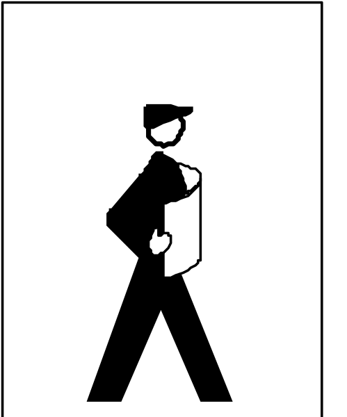 The image shows a black silhouette of an adult male figure walking with his left arm extended forward as if holding something in front of him; he is wearing what appears to be a uniform consisting of trousers, shoes and possibly gloves, but no shirt or headgear can be seen due to the style.