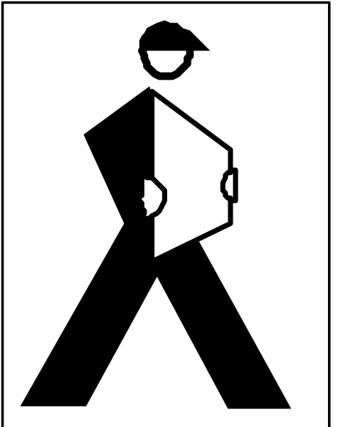 The image shows a black and white icon of an adult male figure walking with his hands behind him while holding what appears to be a large book under one arm.