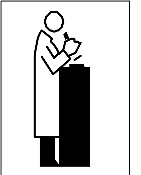 The image shows a black and white icon of an individual sitting at a desk with papers on it, wearing glasses, holding what appears to be a pen in their hand while looking down towards some notes or documents that seem to have been written by them.