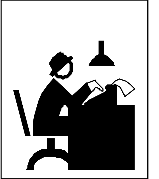 The black and white icon depicts a person sitting at an office desk with papers on it, writing something down while looking upwards towards their right side of frame; there is also another paper in front of them that appears to be blank.