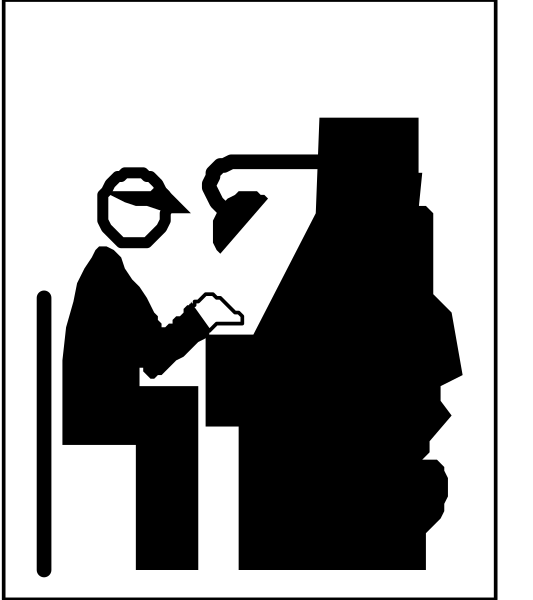 The black and white illustration shows a person sitting at an organ with their hands on it, appearing to play music while looking downward towards some sheet music in front of them.