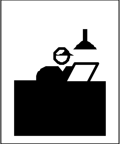 The black and white icon depicts a person sitting at an office desk with their hands on top of some papers while looking downward towards them; there is also a lamp above the table casting light onto it.
