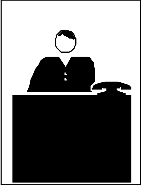 The black and white illustration shows a person sitting at an office desk with their hands on top of it; there is also another figure standing behind them in front of what appears to be a podium.