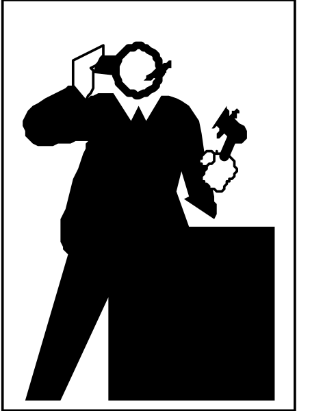 The black and white silhouette of a man standing next to an open briefcase with papers inside it on what appears to be a podium in front of him.