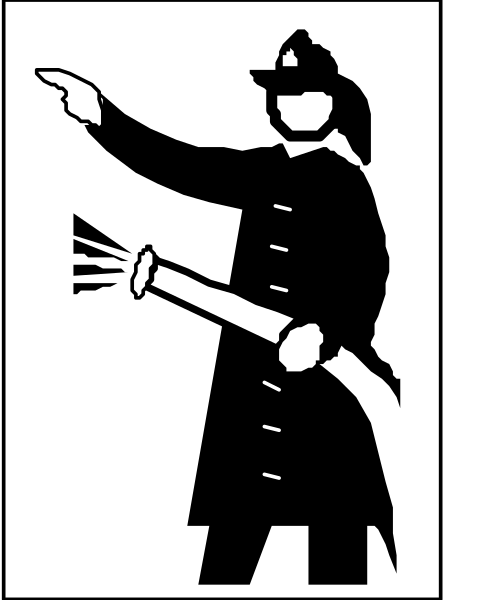 The black and white illustration shows a firefighter pointing with his right hand towards something off frame while holding an axe in his left hand.