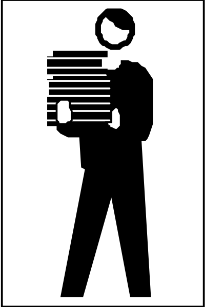 The image shows a black silhouette of an adult male figure holding what appears to be papers under his arm while standing next to a sign that resembles a book with pages fanning out from it.