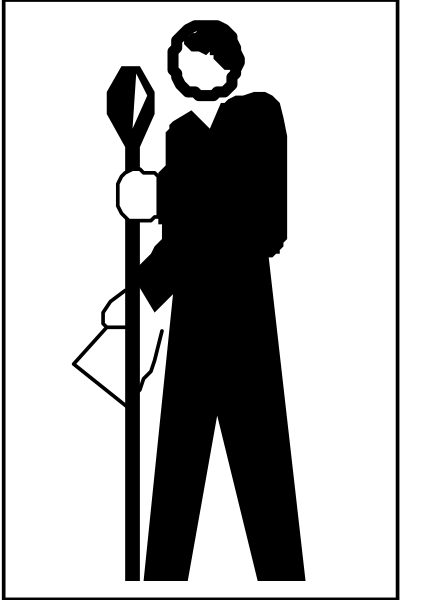 The black and white silhouette of a person holding an object that resembles a shovel over their shoulder while standing on what appears to be grassy ground with trees in the background.