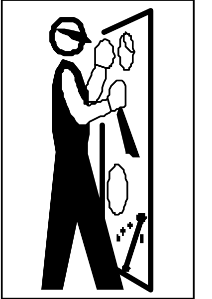 The black and white logo shows a person standing next to an open door with their hand on it as if holding onto something inside while looking outwardly into space beyond the frame of the image.