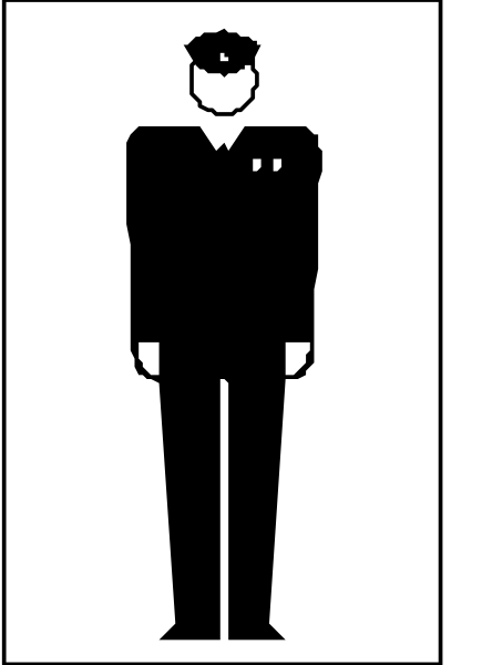 The image shows a black silhouette of an officer standing next to another figure that appears to be sitting down; both figures have no facial features visible in this viewpoint.