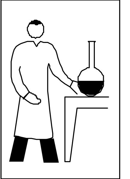 The black and white illustration shows a scientist standing at a table with an open flask of liquid on it; he is wearing lab attire including goggles around his neck and holding a test tube in one hand, while using another to pour from the flask into the beaker that sits before him.