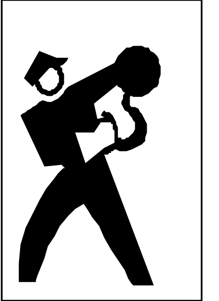 The black and white silhouette of a person carrying an object on their back while walking away from another figure who appears to be standing still with arms outstretched in front of them.