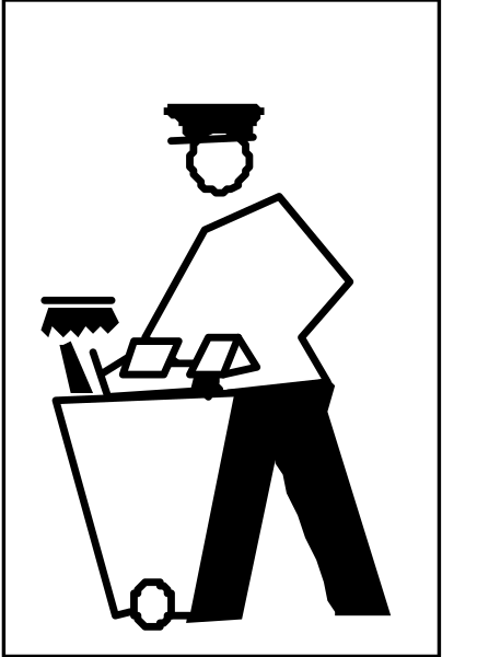 The black and white illustration shows a man pushing an empty cart with various items on it; he is wearing a uniform that includes a hat and badge, suggesting he might be working for delivery services like FedEx.