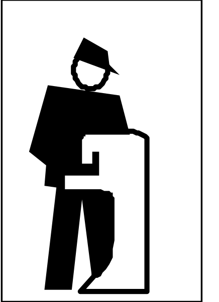 The black and white silhouette of a person standing next to an information booth with their hand on it.