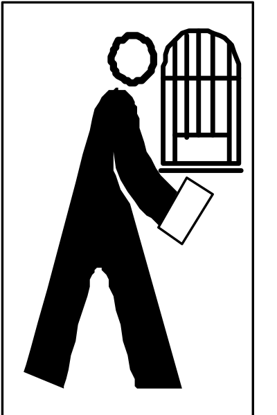 The black and white silhouette of a person walking with an open book under their arm while carrying a birdcage on top of it.