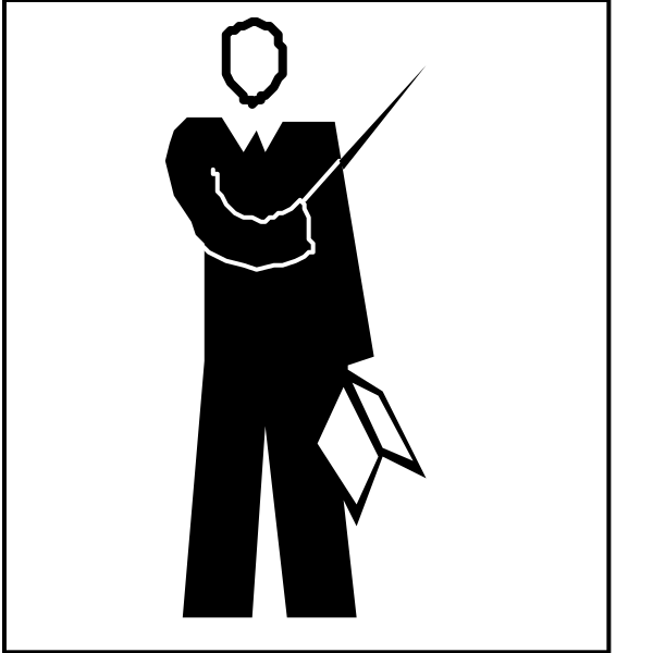 The image shows a black silhouette of an adult male figure standing with his arms crossed over what appears to be a book in one hand while holding another object that could possibly represent music notes or sheet music under his other arm, suggesting he is either playing musical instruments like guitar or piano, conducting, composing, teaching, or performing. The background behind the silhouette has two different images: on top left there's an icon of a person with their arms crossed and what looks to be papers in hand; below it, another image shows a man standing next to music notes that are being