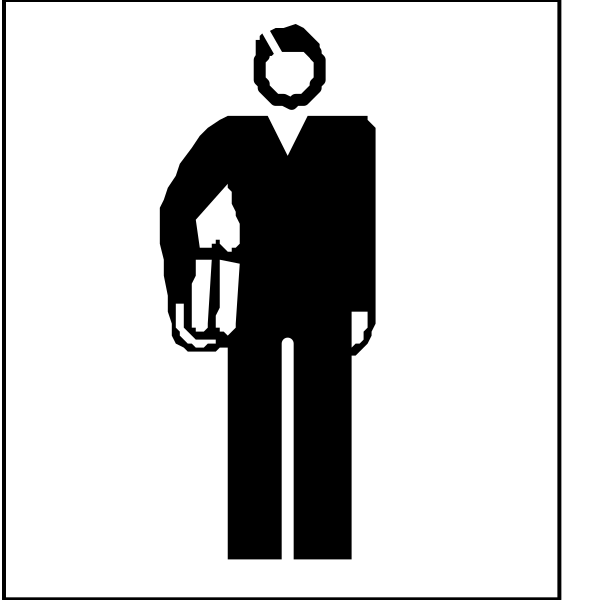 The image shows a black and white icon of two figures: on top, there is an illustration of a person holding what appears to be a briefcase; below that figure stands another character who seems to have been transformed into a suitcase with legs, arms outstretched as if in the act of being packed or unpacked.