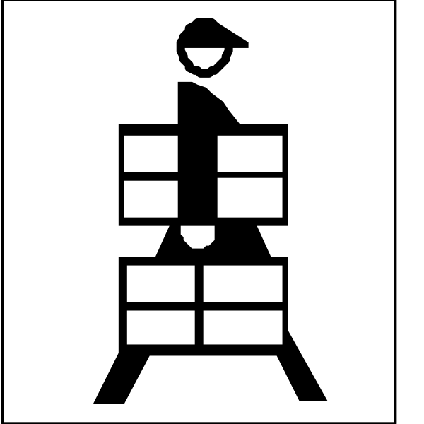 The black and white icon shows a person standing on an elevator platform with their arms outstretched as if holding onto something above them while facing upwards towards it; next to this figure is another symbol of two people, one sitting in front of what appears to be a desk or countertop area where the other stands behind.