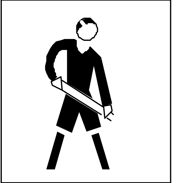 The image shows a black and white icon of two signs with symbols: on top is an arrow pointing upwards to indicate stairs; below it is another sign showing a person holding what appears to be a hammer over their head, suggesting that there might be construction work or maintenance happening in this area.