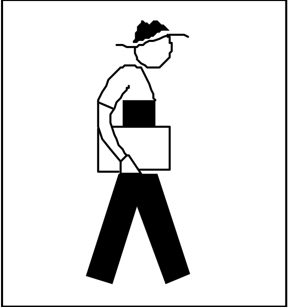 The black and white illustration shows two images of a person walking with packages on their back; it's an iconic representation often used to indicate delivery services in signage.