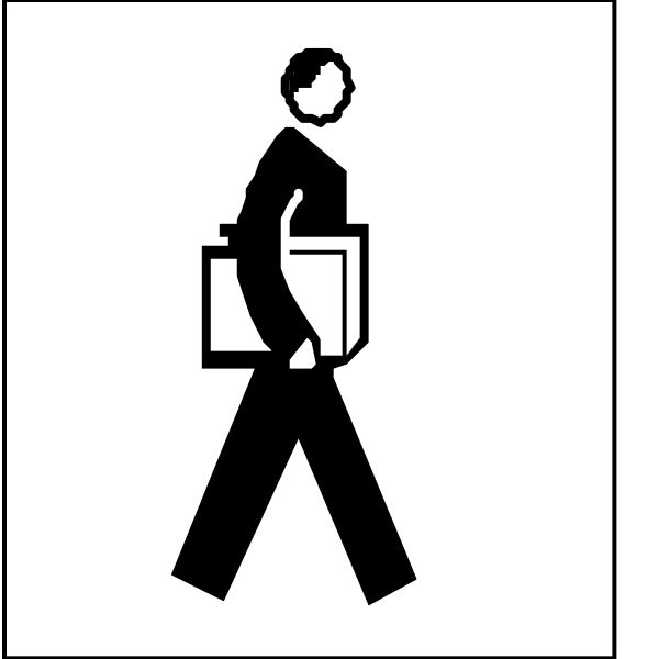 The black and white icon shows a person walking with an open book under their arm while carrying another closed book on top of it in one hand.