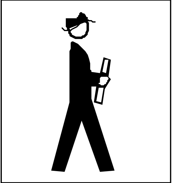 The black and white silhouette of a person walking with an object that resembles a bottle under their arm.