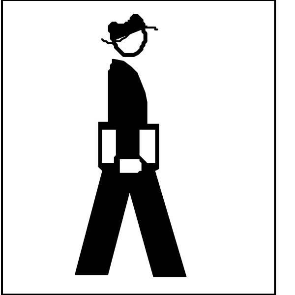 The image shows a black and white icon of two figures: on top, there is an illustration of a person standing with their back to us; below them, another figure appears to be walking away from that first one while carrying what looks like a bag over its shoulder or in front of it.
