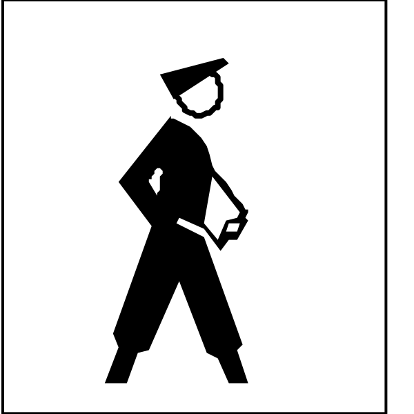 The image shows a black silhouette of an officer standing next to two signs: on top is a sign with a person walking in front of it; below that is another sign showing a man holding papers while looking at them, and he has his hands behind him as if reading or writing something down.