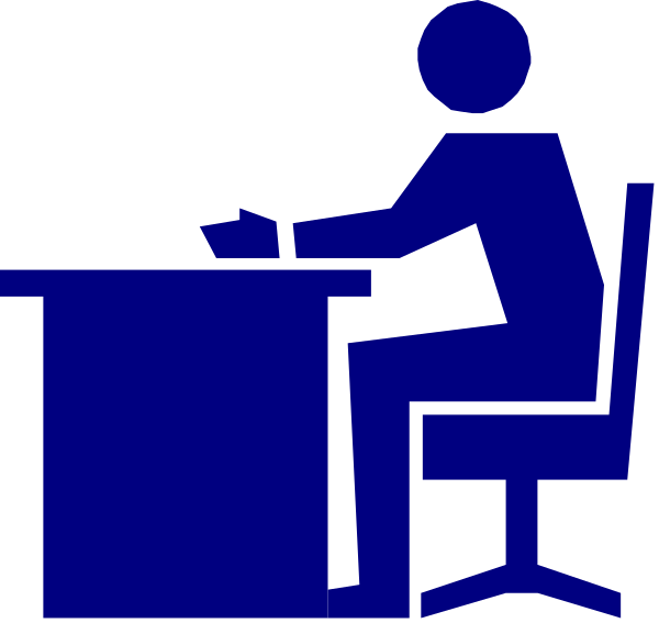 The image shows a blue office chair with an icon of a person sitting on it at a desk that has papers scattered across its surface; in front is another smaller figure seated behind what appears to be a computer monitor, suggesting this could represent two people working together but only one visible from above the shoulders and neck.