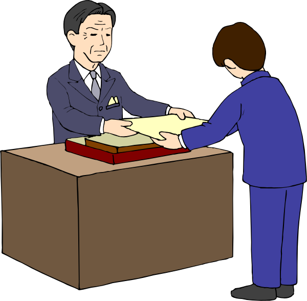 The cartoon shows a man handing over papers to another person at an office desk with two books on it; both individuals appear professional in business attire.