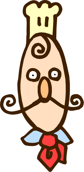 The image shows a cartoon of an egg with eyes drawn on it wearing chef's attire hanging from what appears to be a string in front of a brown background.