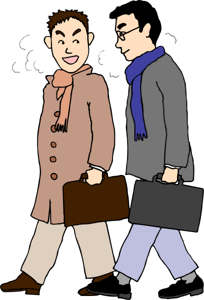 The black and white illustration shows two men walking side by side down a street; both carry briefcases and wear ties around their necks.