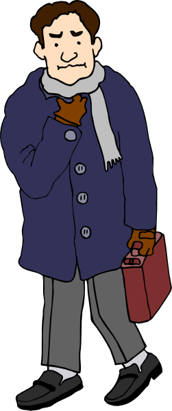 The image shows a man walking down an alleyway carrying his briefcase while wearing a blue coat with scarf around neck; he is looking to side as if observing something out of frame.