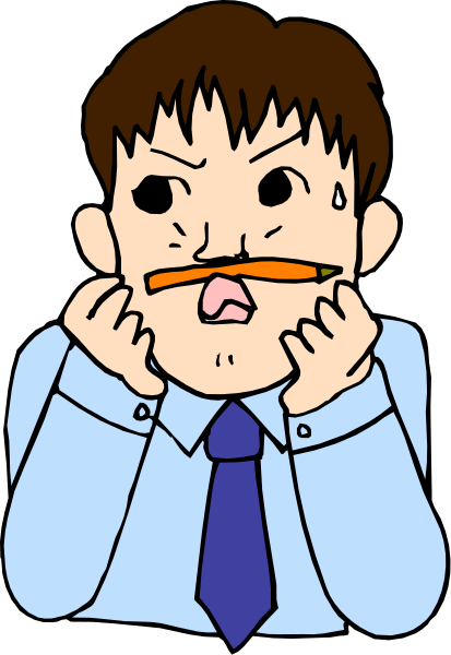 The cartoon shows a man with mustache holding his nose while looking surprised; he is wearing glasses and has dark hair. He's dressed in business attire including blue shirt and tie.