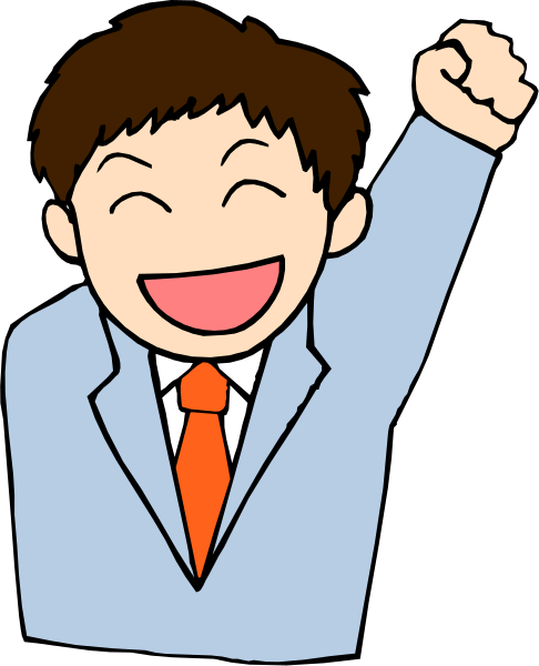 The image shows a cartoon of an animated character with brown hair wearing glasses, dressed as a businessman in blue suit jacket over red shirt, holding up one hand to wave while smiling broadly at something off-camera.