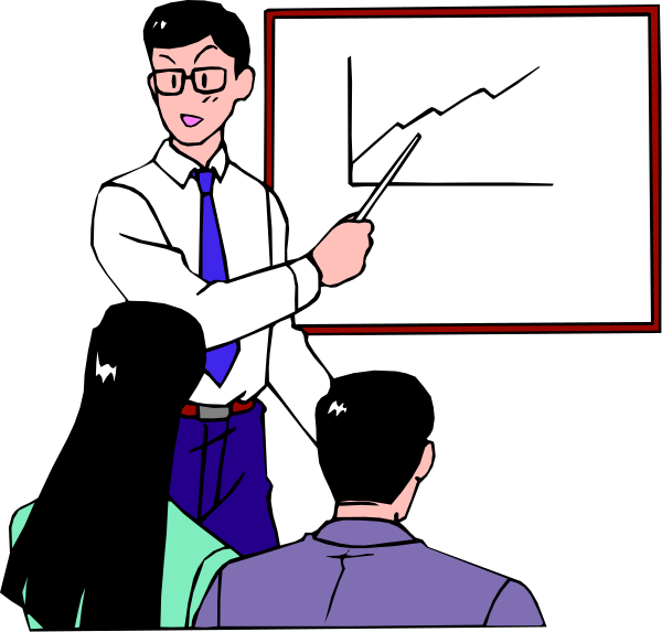 The image shows a cartoon of an adult male standing at front of classroom with whiteboard behind him; he is gesturing towards it while explaining something to two seated students who appear attentive.