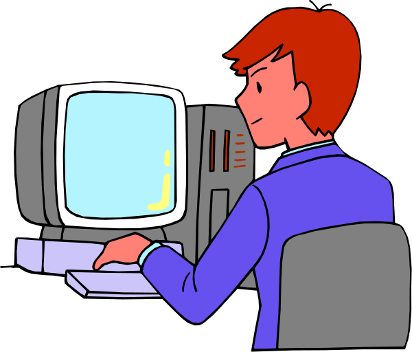 The cartoon shows a person sitting at an old computer with a monitor displaying what appears to be text on it; there is no visible keyboard in front of them but one can infer its presence due to their hands resting near where a typical keyboard would be placed, suggesting that they are typing or about to type.