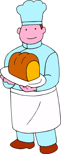 The cartoon depicts a baker holding up a loaf of bread with both hands while standing behind it on what appears to be an oven door.