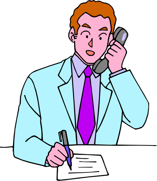 The illustration depicts a man sitting at his desk with papers on it while talking on an office phone; he is wearing glasses and has short hair.