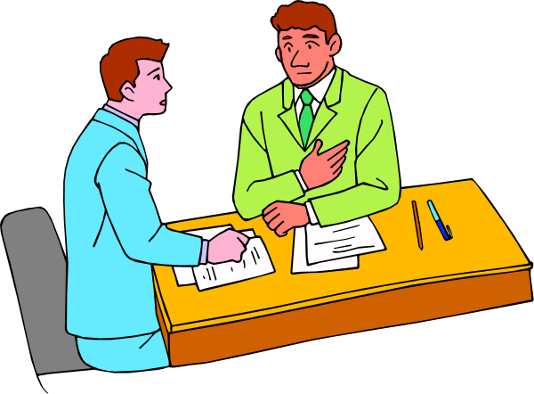 The illustration shows two men sitting at a desk with papers on it; both appear to be engaged in conversation while looking over documents.