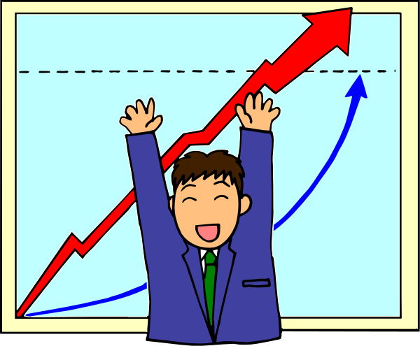 The cartoon shows a man with his arms raised above him as if celebrating or cheering for something; he is standing in front of two graphs on an easel that display red upward-trending arrows and blue downward trend lines, suggesting economic data analysis.
