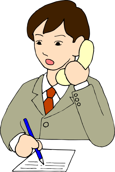 The illustration shows a person sitting at an office desk with papers on it; there is also a telephone next to them that has been picked up by hand.