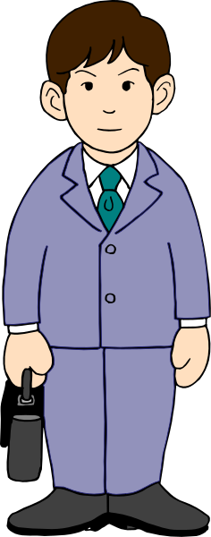 The image shows a cartoon of an adult male dressed as a businessman standing against a gray background with his hands at his sides; he is wearing a suit jacket over a blue shirt, dark pants, black shoes and has short hair.