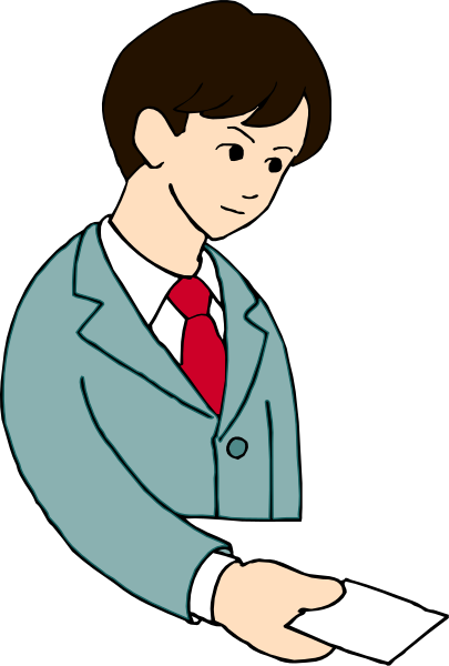 The image shows a cartoon of an adult male figure holding out his hand to receive something from another person who is off-screen; he appears to be in business attire with a red tie visible under his jacket, and there's no text present within this small clip art illustration.